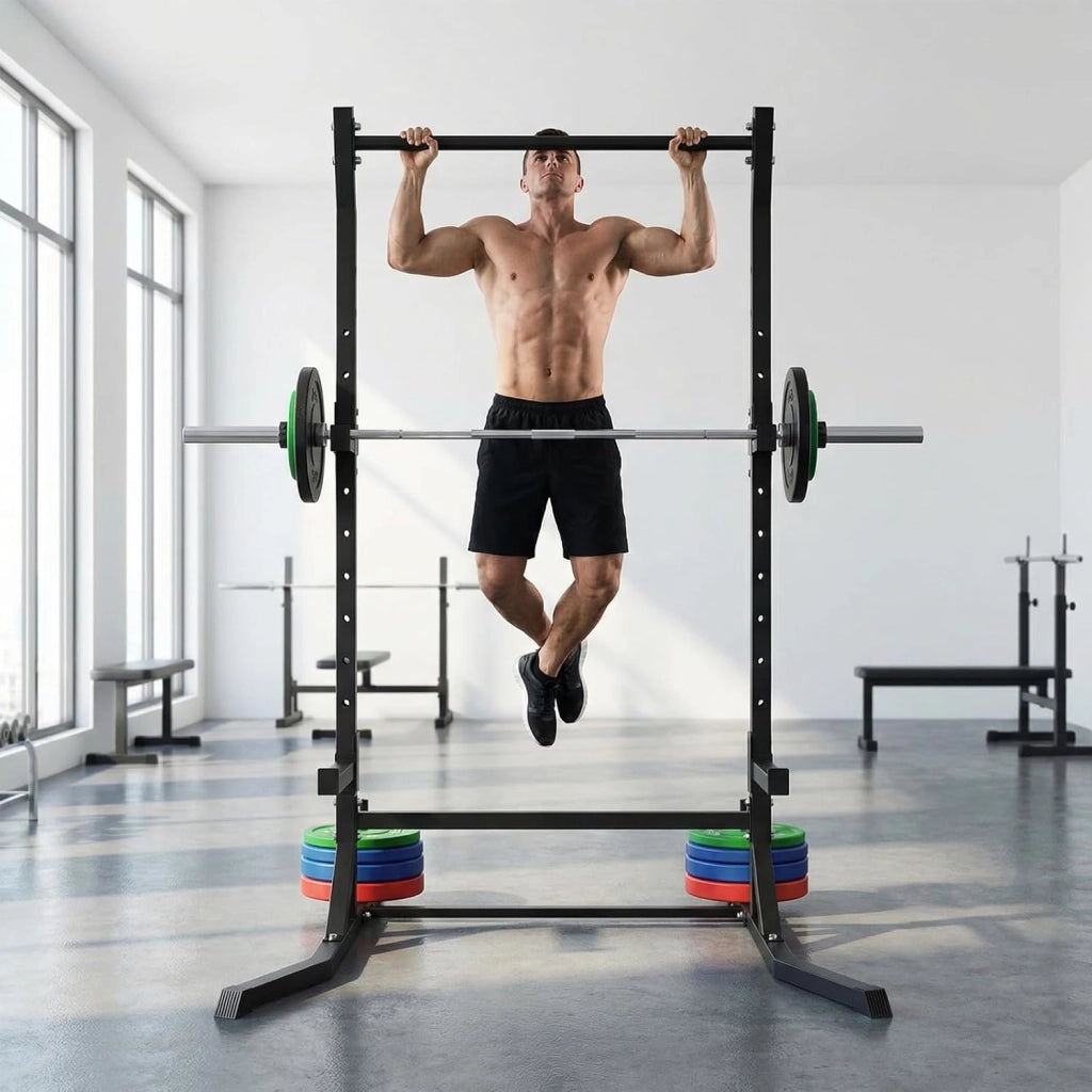 Power Cage Squat Rack - Rack di potenza multifunzionale per asta di casa, palestra, gancio a J regolabile e barre di sicurezza per trazioni con bilanciere