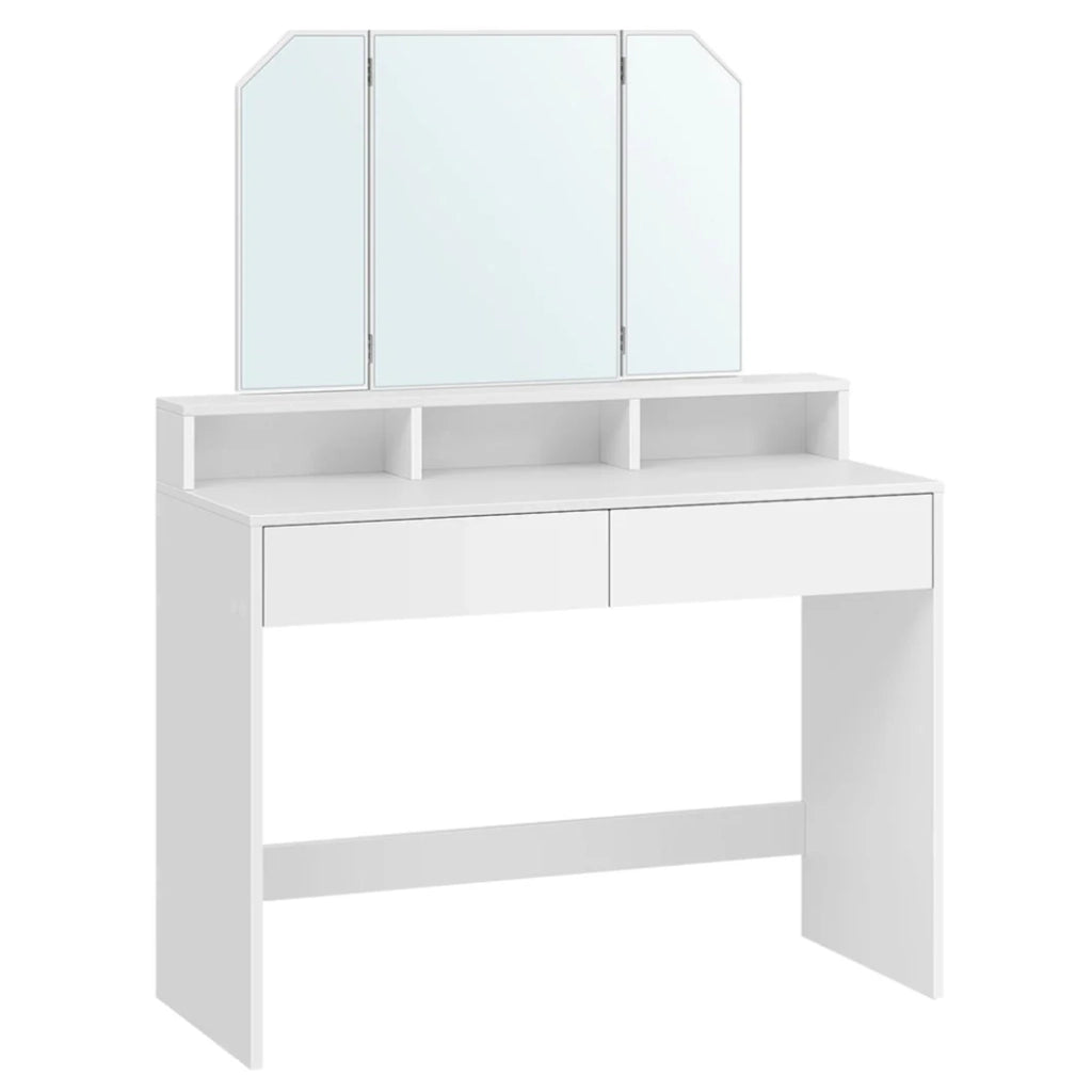 Toletta con specchio pieghevole tavolo da trucco con 2 cassetti e 3 vani portaoggetti stile moderno bianco 12_0005166