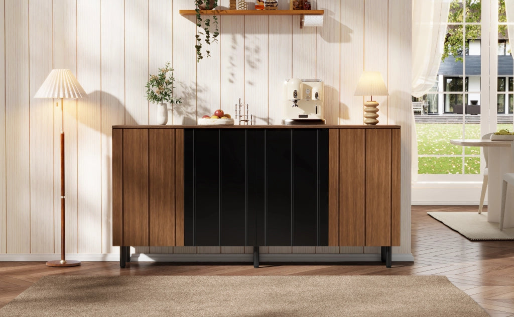 Credenza e madia con 4 ante e ripiani regolabili, per sala da pranzo e cucina, in pannello truciolare, noce e nero