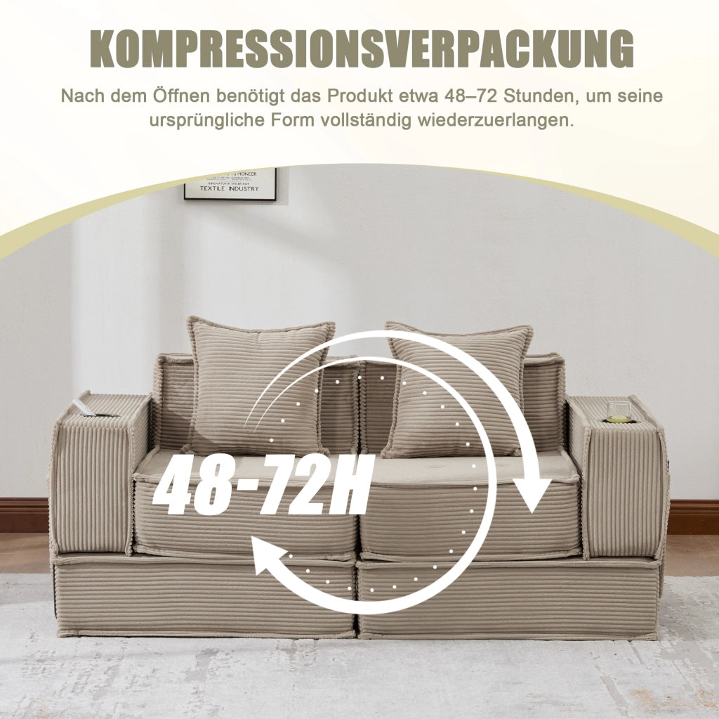 Divano pouf modulare in velluto a coste khaki con 2 cuscini e tasche laterali