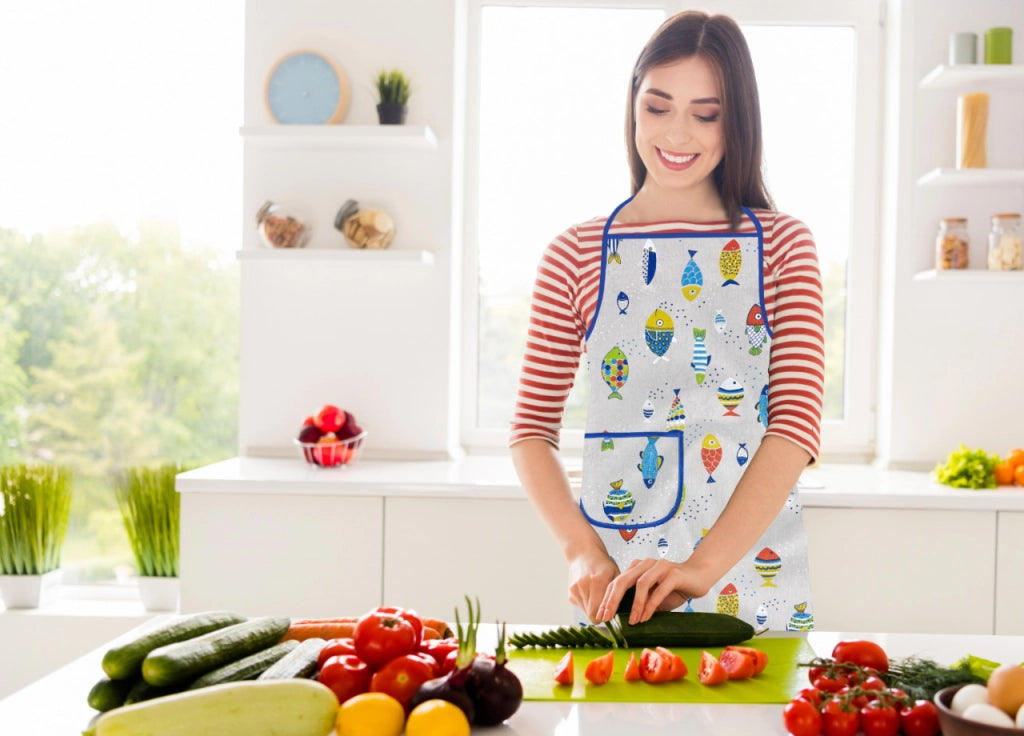 Pack 2 Pezzi Grembiule Alto Pettorina Cucina Chef Casa Con Tasche  Pesci Colorati