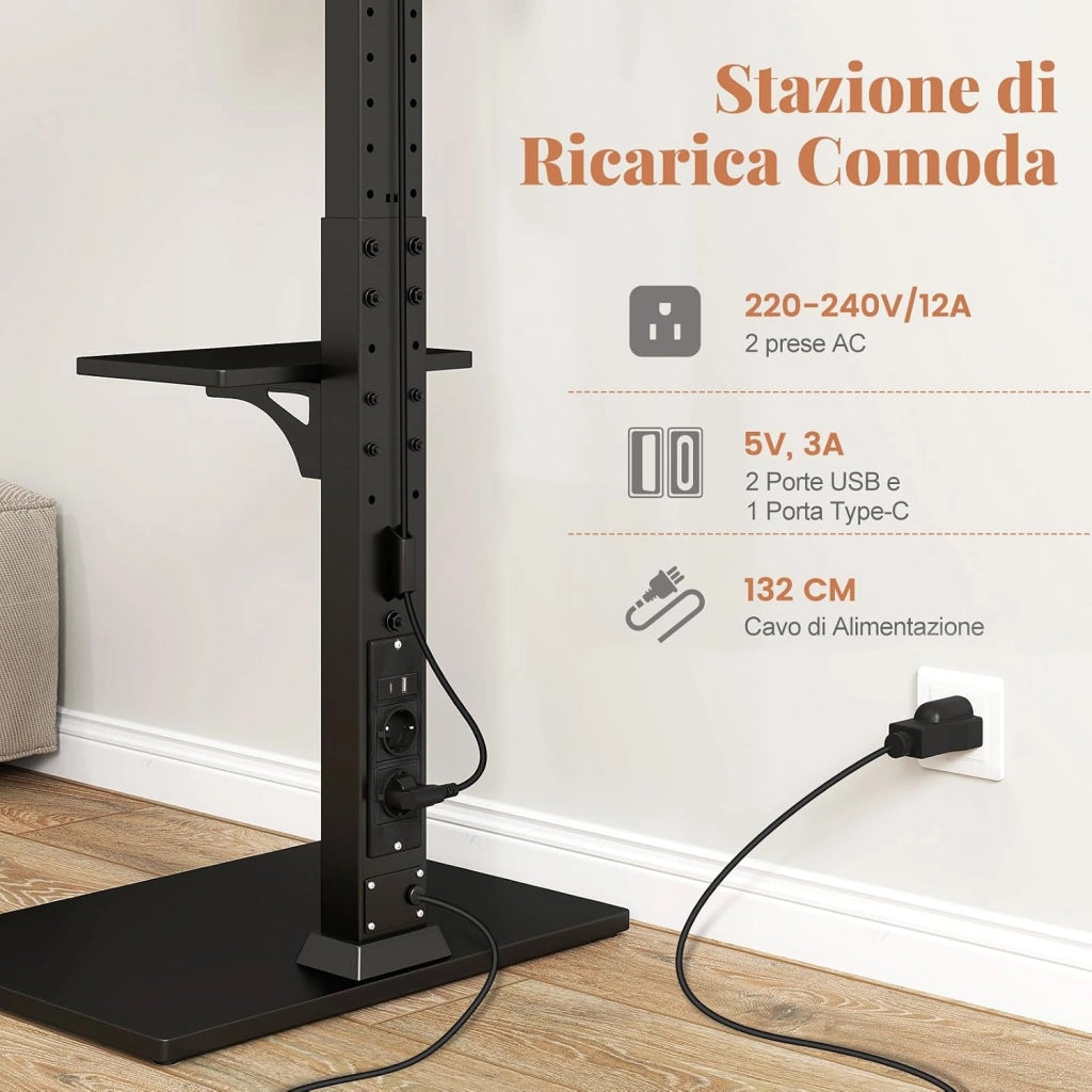 Supporto TV da Pavimento da 32-70 Pollici, Piedistallo TV Regolabile in Altezza e Inclinazione con Presa di Corrente e Ripiano AV, Portata 50 kg, Porta TV per Soggiorno