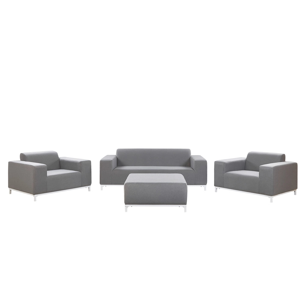 Set divano da giardino rivestimento in tessuto grigio gambe in alluminio bianco con ottomana 5 posti resistente agli agenti atmosferici