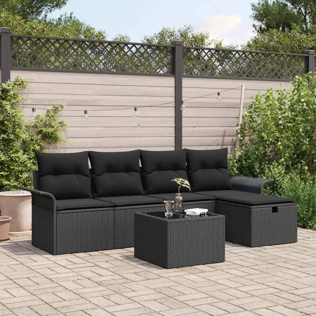 Set Divano da Giardino con cuscino 6 pcs Nero polyrattan