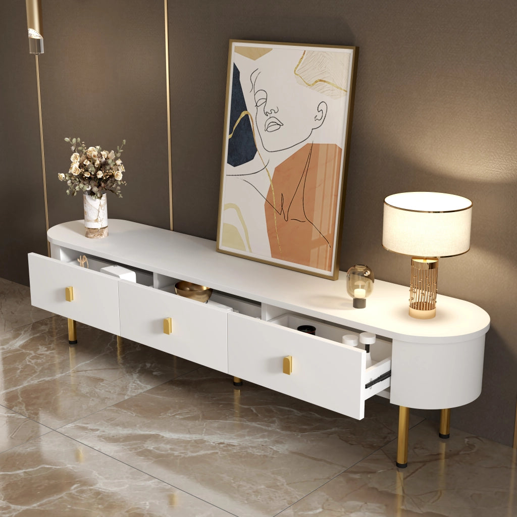 Mobile porta TV con 3 cassetti e maniglie dorate in MDF bianco lucido con angoli arrotondati 174 × 35 × 41 cm