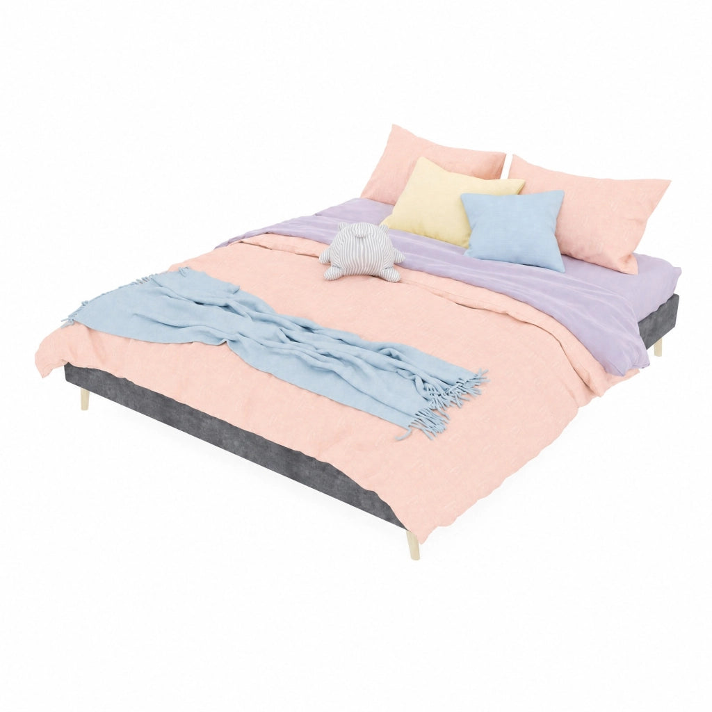Letto matrimoniale 160x200 cm in velluto Dutch, grigio, con testiera alta e struttura in legno