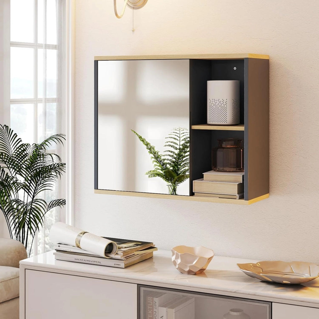 Armadio da Bagno con Specchio, Mobile da Parete con Porta Specchiata, Ripiano Regolabile e Scomparti Laterali Aperti, Mobile Salvaspazio per Soggiorno