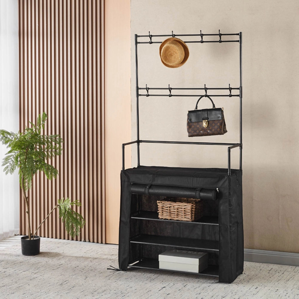 Scarpiera con Appendiabiti Salvaspazio 60/80x26x168 cm, Armadio Portascarpe in Metallo con 10 Ganci, Mobile Ingresso Rivestito in Tessuto Nero, Organizzatore per Ingresso e Camera 80x26x168-Nora