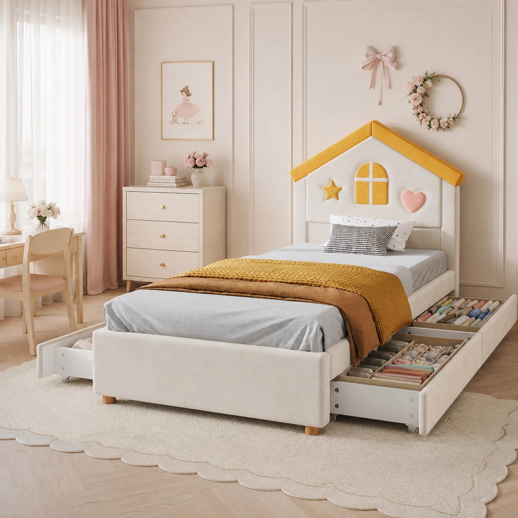 Letto per bambini 90 × 200 cm a casetta imbottito con 4 cassetti, senza materasso, in velluto, beige