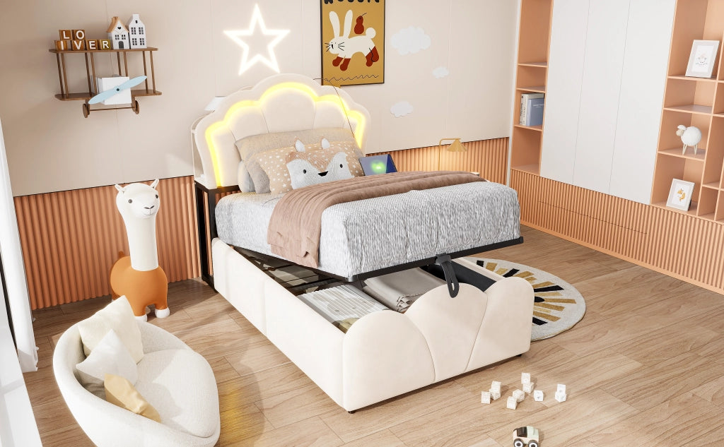 DESMIU Lit simple 90 × 200 cm con vano contenitore idraulico, LED, prese e vani, senza materasso, beige