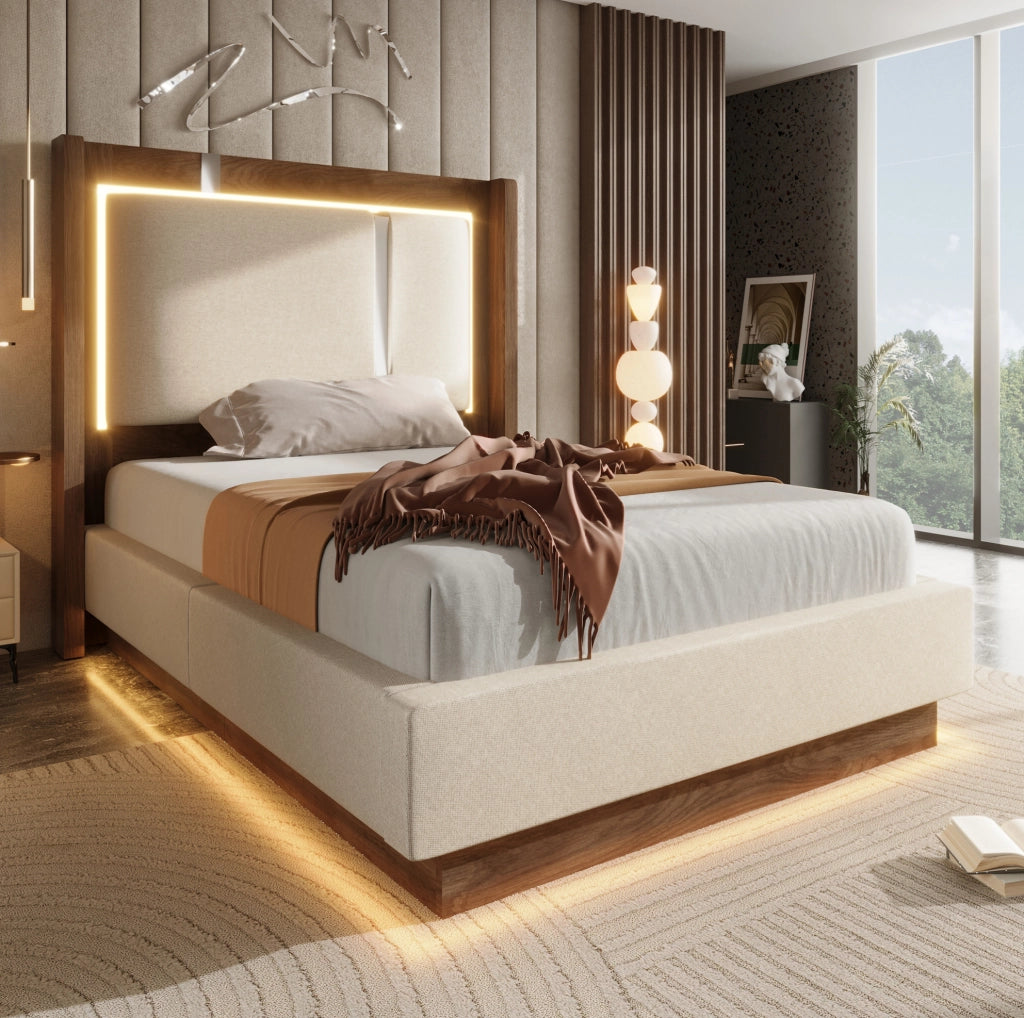 Letto imbottito 90x200 con LED, contenitore e rete a doghe