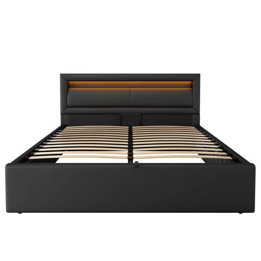 Letto imbottito LED con contenitore 140x190 cm in PU nero