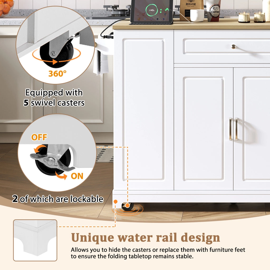 Carrello da Cucina con Piano Ribaltabile; Prese e Vano per Rifiuti; in MDF; Bianco e Naturale; 131;8 x 40-70 x 93;3 cm