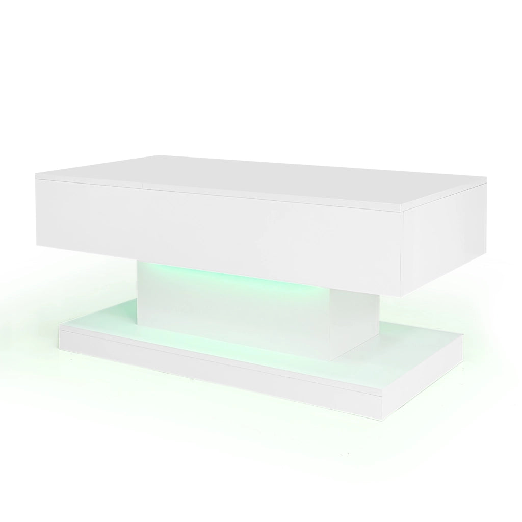 Tavolino da caffè 100x50x45 cm; piano sollevabile e scorrevole con LED; truciolare bianco