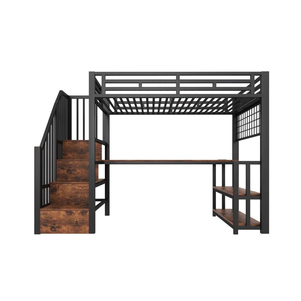 Letto a soppalco - Zephmum - 90x200 cm - Nero - Scrivania, scaffale, scale con contenitore, luce LED, 2 USB + 1 Type-C