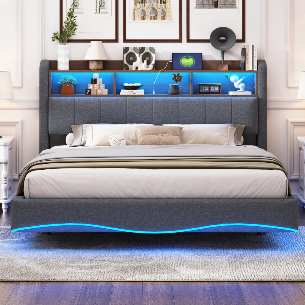 Letto imbottito sospeso 160x200 cm grigio con LED, USB/Type-C e vano testiera