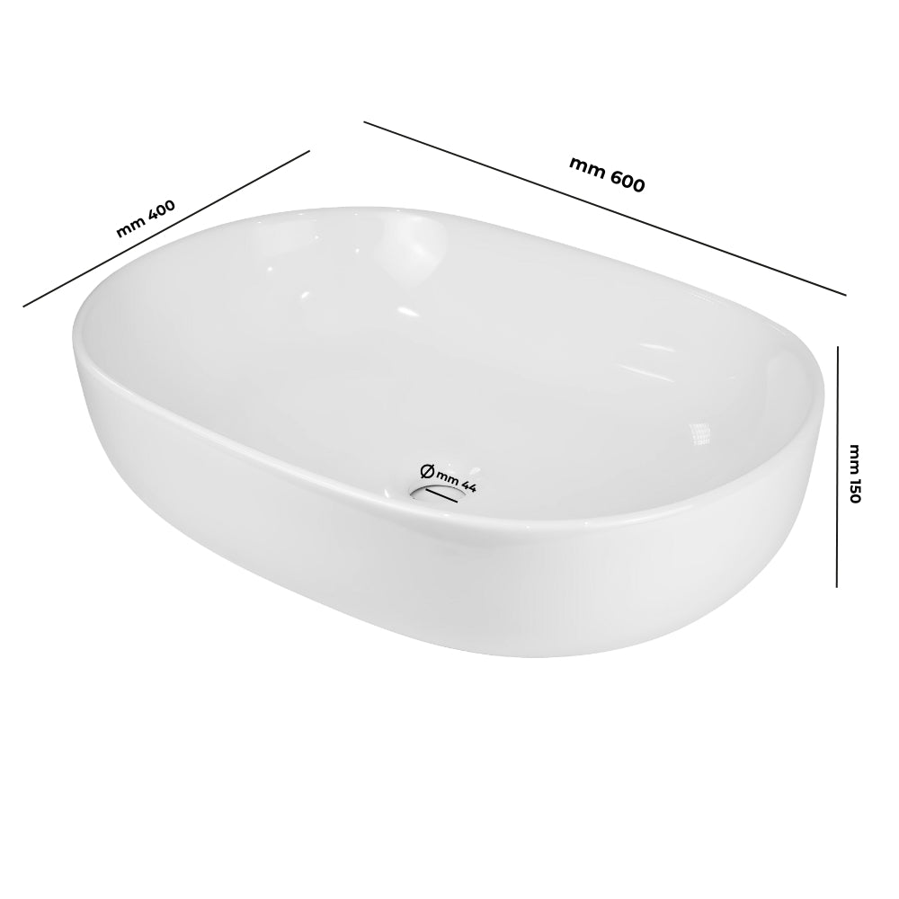 Lavabo da appoggio ceramica bianco ovale arredo bagno lavandino 60x40x15 cm *** finitura- lucido, confezione 1