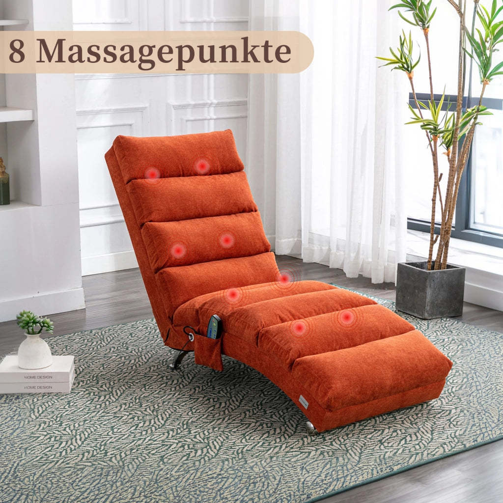 Chaise Longue Massaggiante Fissa 140° con Vibrazione Delicata e Tasca Laterale; Supporto Totale in Lino Arancione