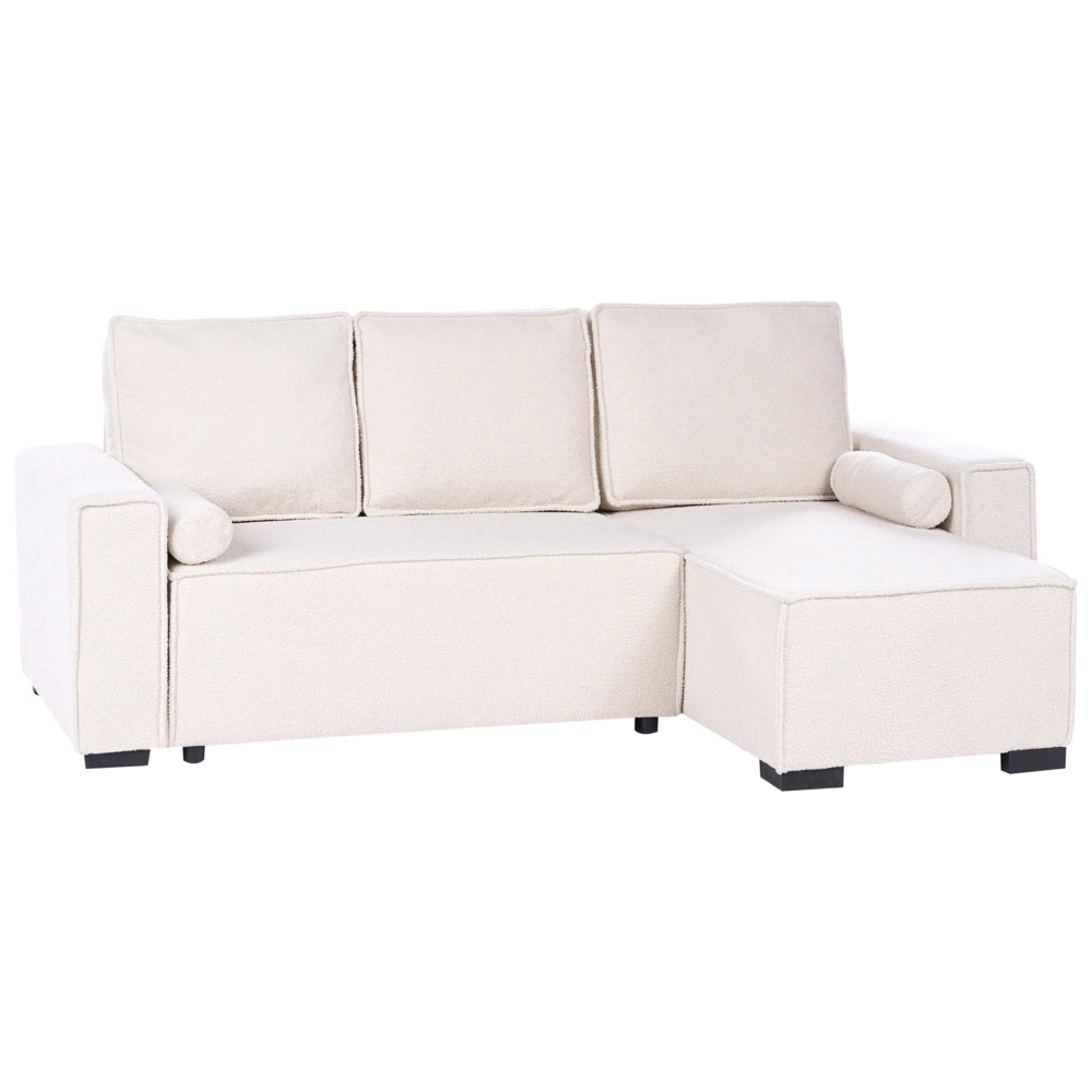 Divano letto angolare a 3 posti rivestimento in bouclé verde chiaro configurazione a sinistra con braccioli contenitori reversibile stile moderno per soggiorno