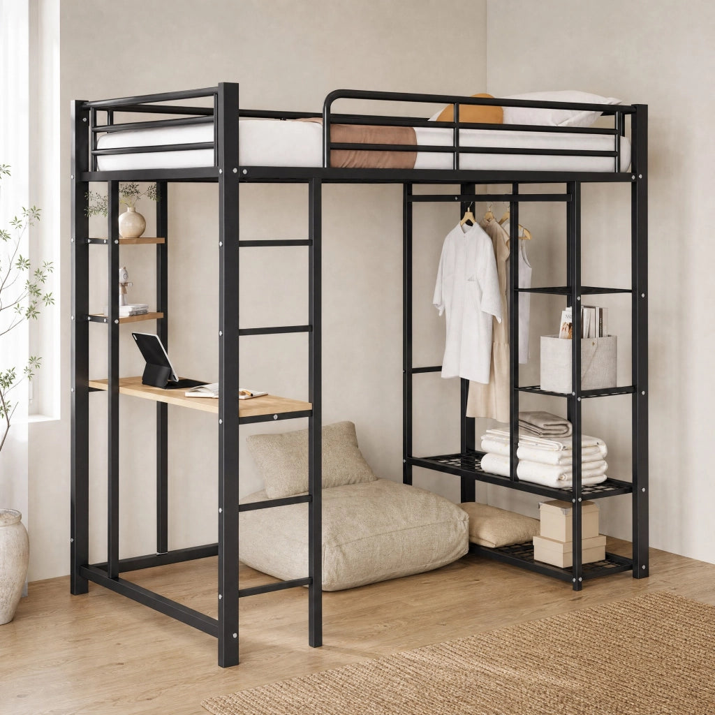 Letto a soppalco singolo 90x200 cm in metallo nero con scrivania; armadietto e scala
