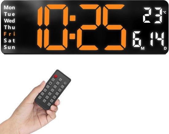 Cronografo 1 XL Arancione/Bianco: Orologio digitale per muro con visualizzazione temperatura, grande orologio LED luminoso senza suono ticchettante