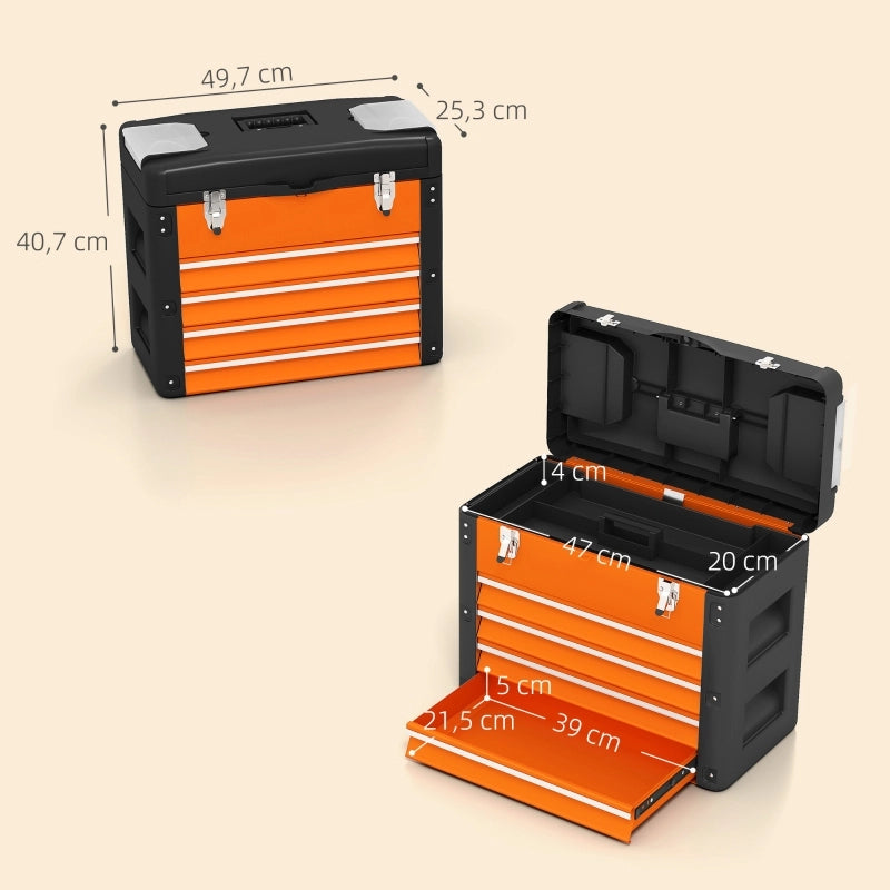 Cassetta Portautensili 49,7x25,3x40,7 cm Arancione con 4 Cassetti, Vano Superiore e Maniglia