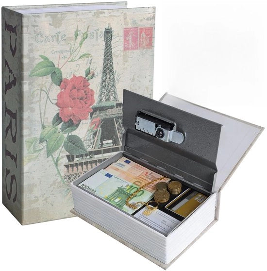 Cassa Segreta a Libro - Chiusura a Cifra - Per Chiavi/Denaro/Documenti/Ornamenti - Materiale: Carta/ABS/Metallo - Dimensioni: 180 x 115 x 55 mm - Codice di Accesso: Tre Cifre - Cassetto Segreto