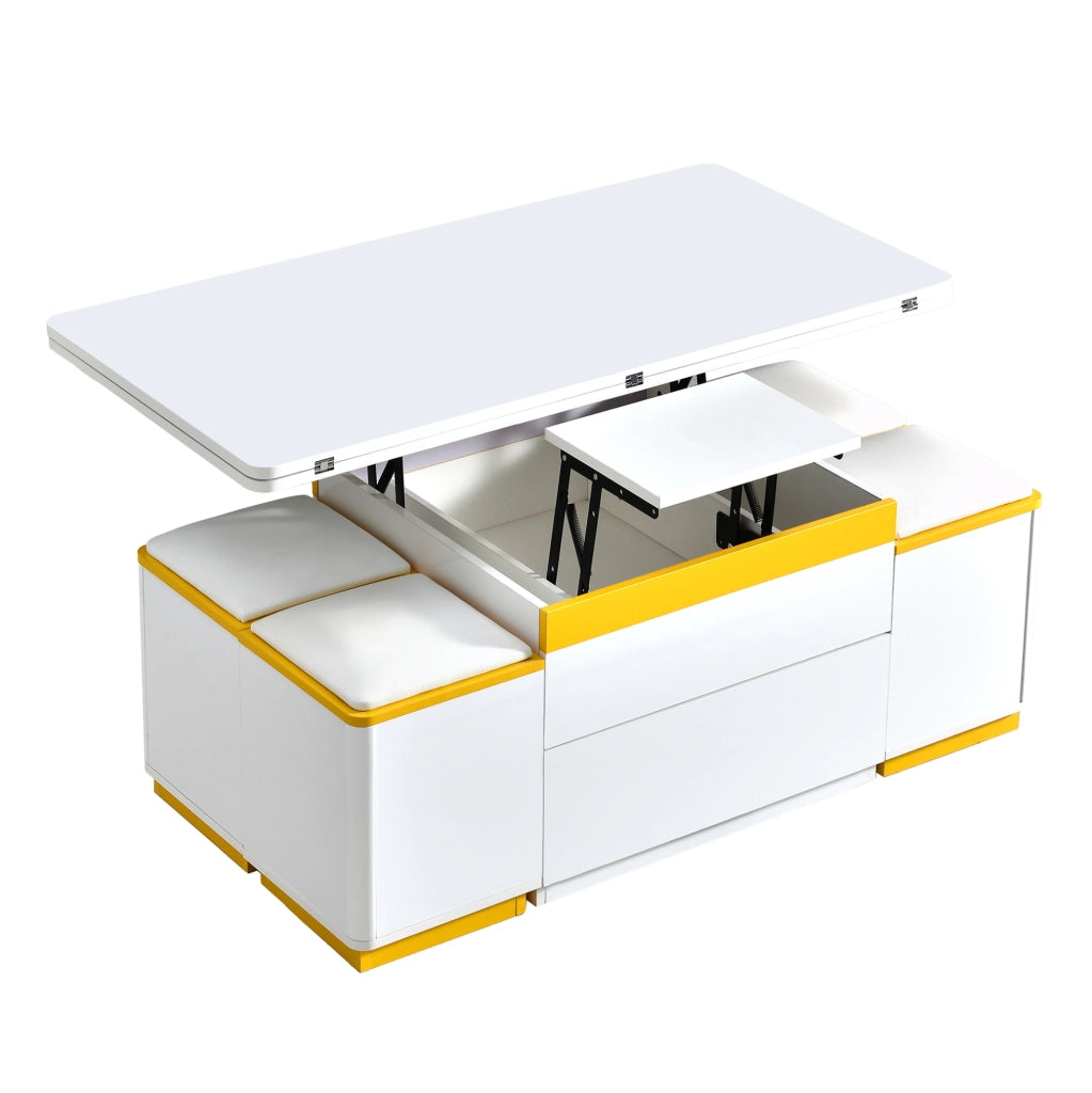 Tavolino da caffè trasformabile con 4 sgabelli contenitore 100x50x43 cm in MDF e truciolare bianco e giallo