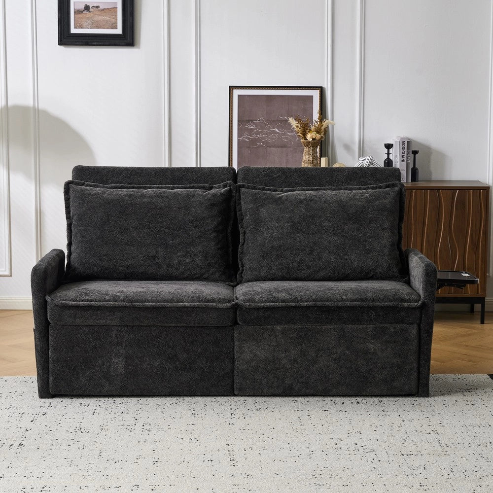 Divano Letto con Contenitore ¨C MINIMAL ¨C Chenille, Nero, Schienale Regolabile 5 Posizioni, USB
