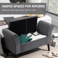 Panca Contenitore Imbottita per Camera in Tessuto Vellutato con Braccioli, 111.5x41x65cm - Grigio