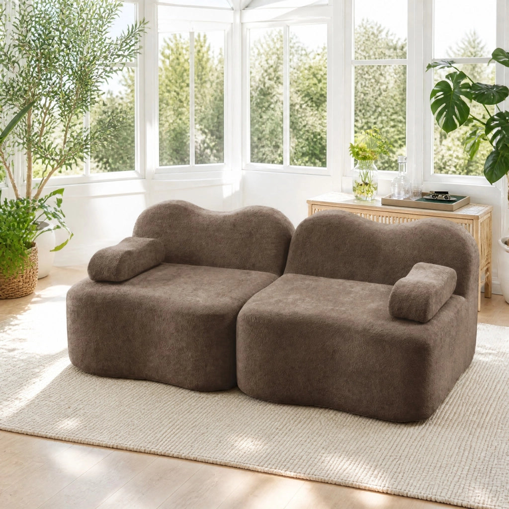 Divano modulare a 2 posti in velluto marrone, senza montaggio, design ondulato