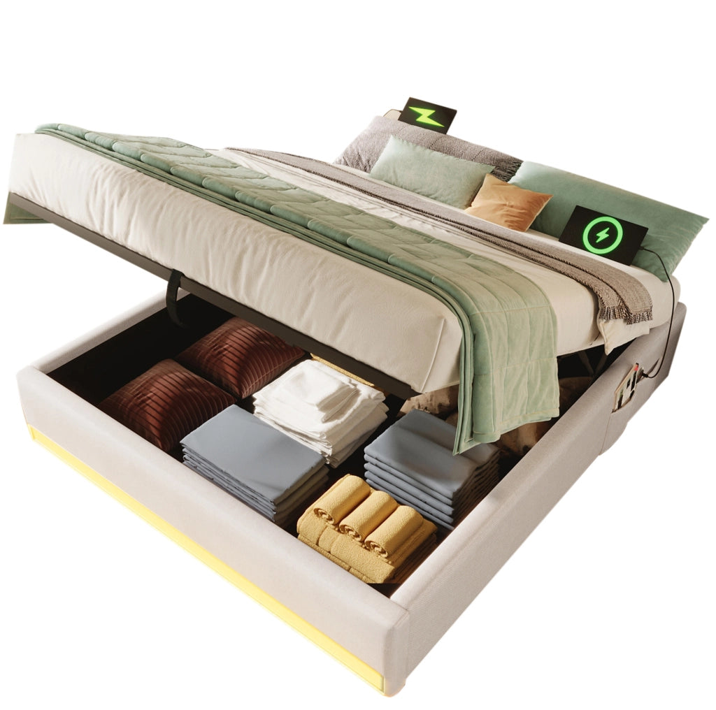Letto imbottito 140x200 cm senza testiera con LED; USB e Type-C; contenitore idraulico; beige