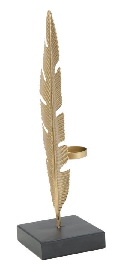 Scultura Foglia con Portacandele Glam 10x10x34 cm in Ferro Oro e Nero