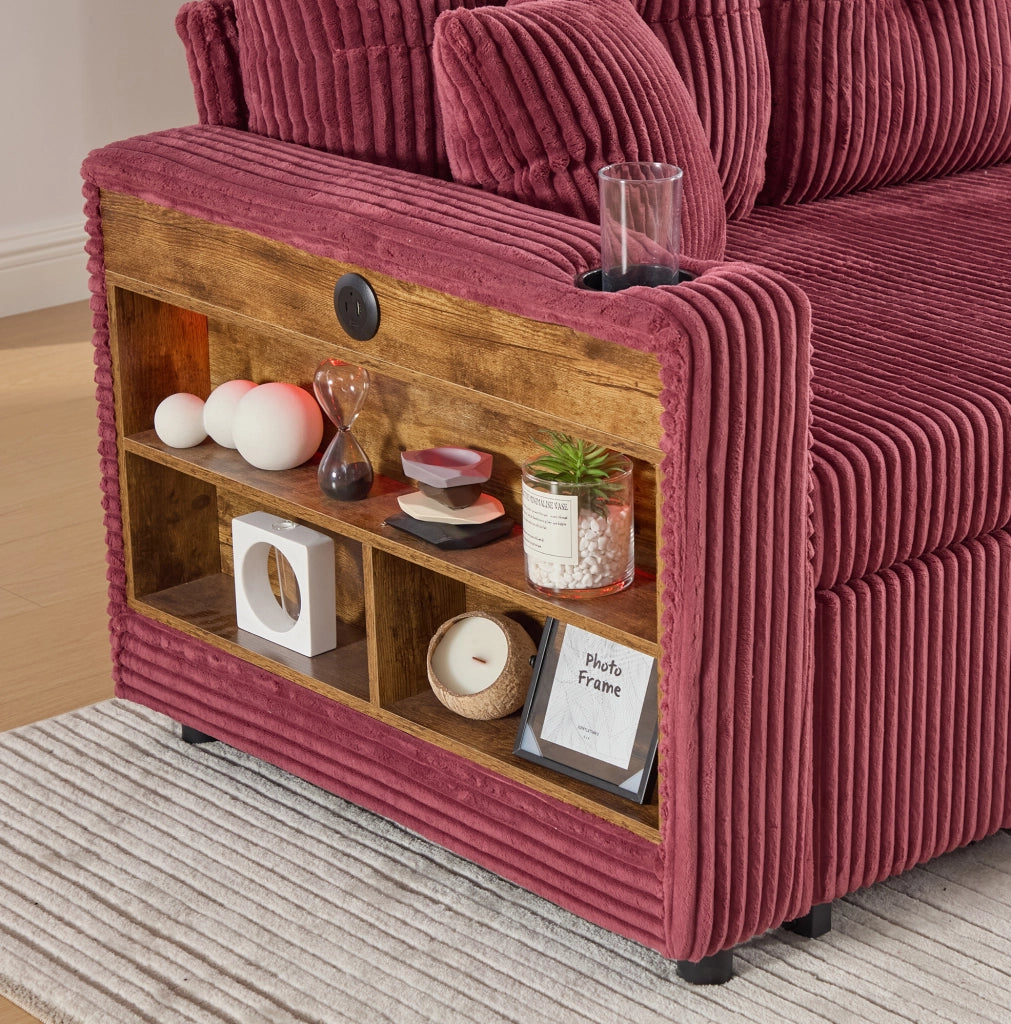 Divano letto 196x82-144x85 cm con contenitore; USB-C; LED e braccioli con portabicchieri in corduroy vinaccia