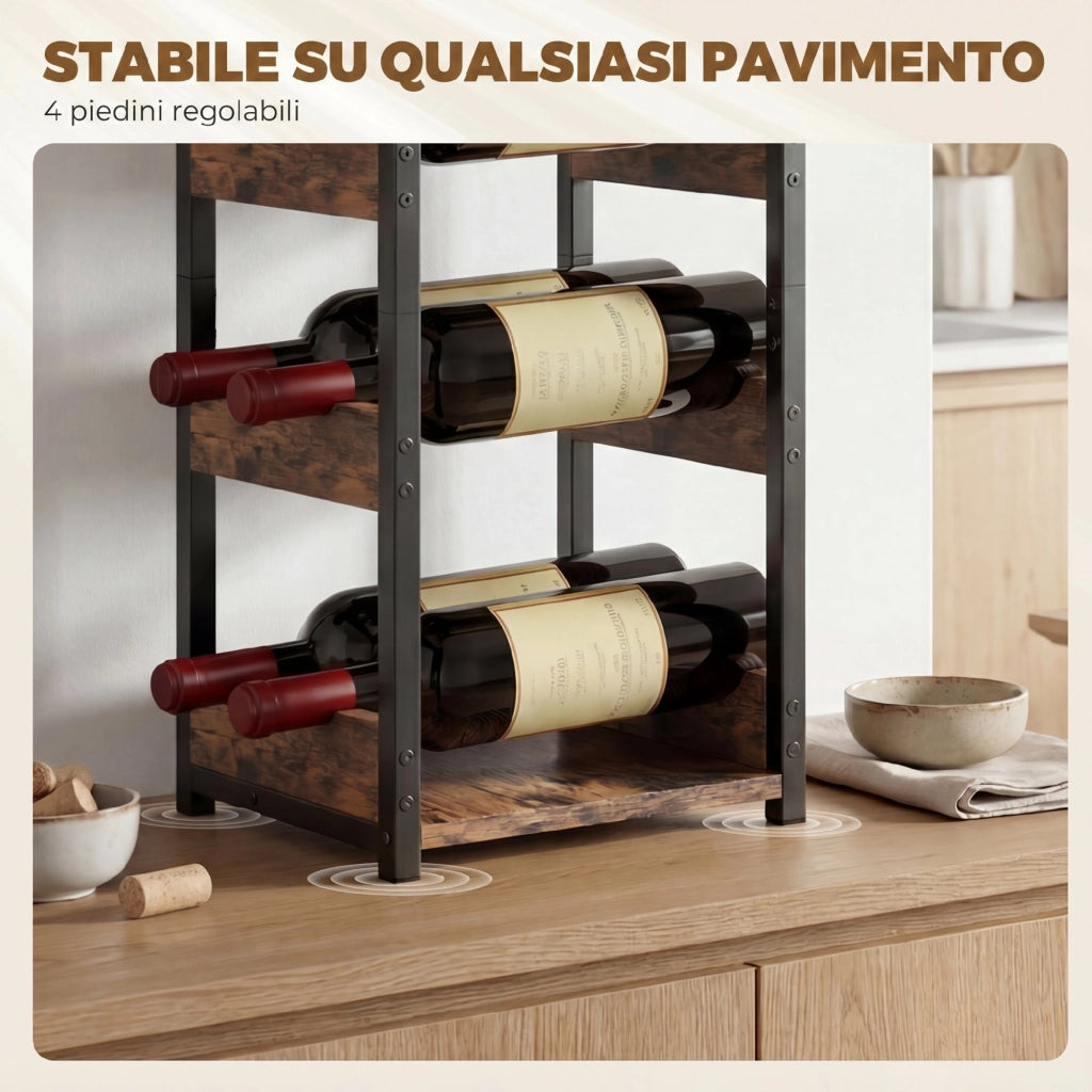 Portabottiglie , scaffali ondulati, piedini regolabili, marrone rustico, nero.