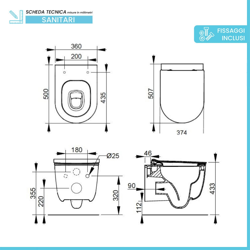 Set sanitari sospesi salvaspazio P. 50 cm bianco con scarico a vortice e copriwc Round Dolomite