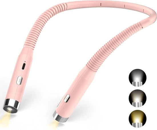 Lampada da lettura ricaricabile per collo - 3 colori e 3 livelli di luminosità - pieghevole 360 gradi - LED USB - per viaggiare, fare maglia, campeggiare - rosa