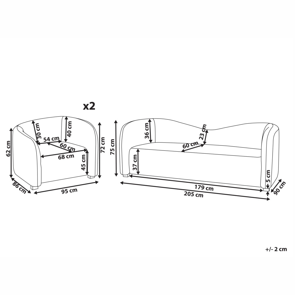 Set da salotto in velluto bianco sporco con divano e poltrone imbottiti davanti e dietro, schienale curvo, design moderno