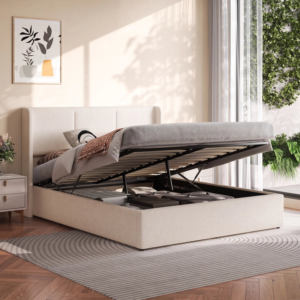 Letto matrimoniale contenitore 160x200 cm con testiera imbottita struttura letto rete a doghe vano idraulico in lino-beige