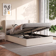 Letto matrimoniale contenitore 160x200 cm con testiera imbottita struttura letto rete a doghe vano idraulico in lino-beige