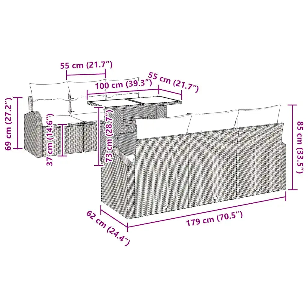 Set Divano da Giardino con cuscino 7 pcs Nero Poly Rattan 3348569