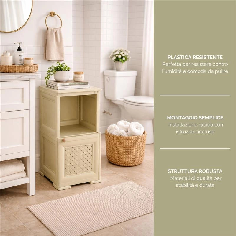 COMÒ COMODINO 2 MODULI ANGORA 40X43X85,5 CM CON ANTA TRAFORATA E VANO A GIORNO – MOBILE CONTENITORE COMPATTO PER CAMERA DA LETTO