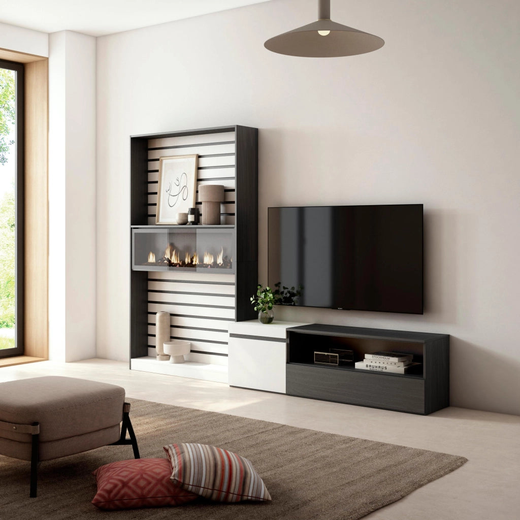 Mobile TV, Soggiorno, 260x35x186cm, Per TV fino a 65", Camino elettrico, Bianco e nero RF2550