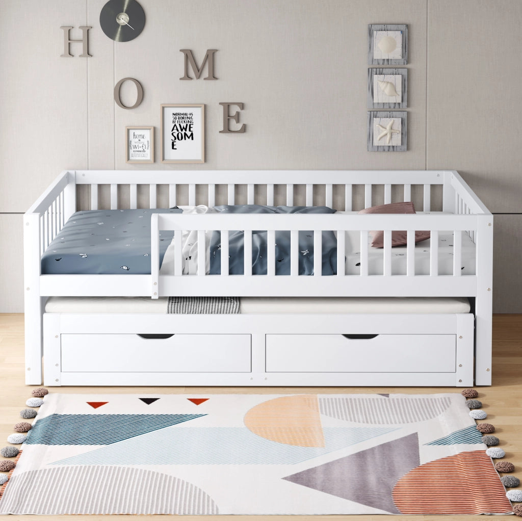 Divano letto multifunzionale con letto estraibile; 2 cassetti e sponde di sicurezza; 90x200 cm; bianco