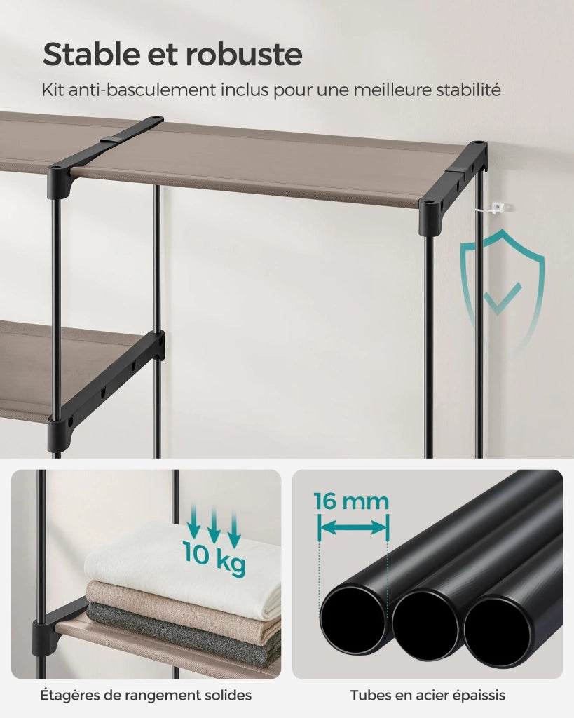 Armadio appendiabiti 43 x 138 x 182 cm 3 scomparti appendiabiti con ripiani grande capacità per camera da letto per adulti camera da letto per bambini soggiorno spogliatoio nero 12_0003977