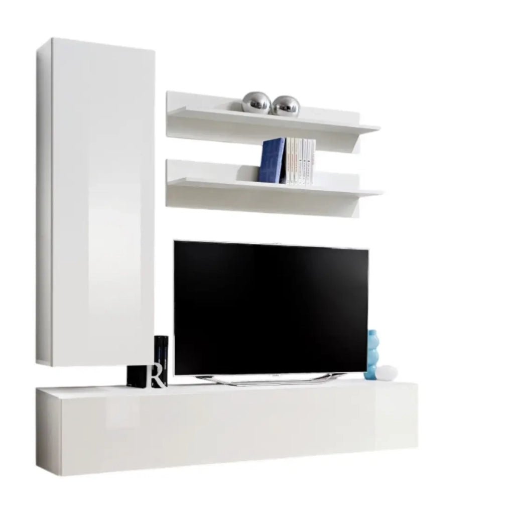 Mobile TV FLY H1 design, colore bianco lucido. Mobile sospeso moderno e alla moda per il tuo soggiorno.
