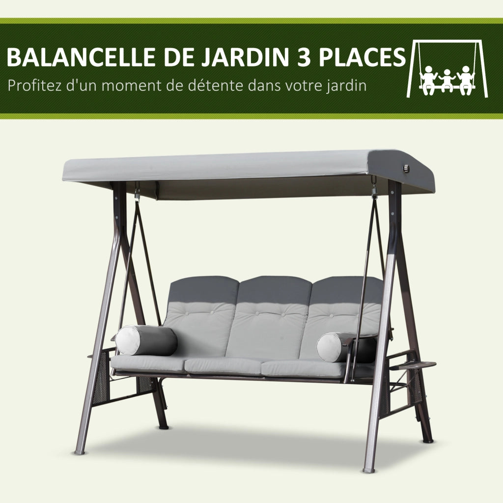 Amaca da giardino 3 posti con cuscini e tetto regolabile ¨C zephmum ¨C 116x206x183 cm grigio chiaro
