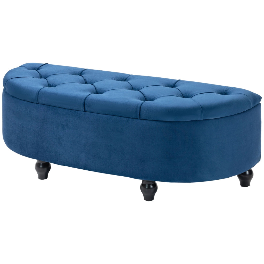 Pouf Contenitore 2 in 1 Capitonnato ¨C Zephmum ¨C Semicerchio in Velluto Blu con Piedi in Legno