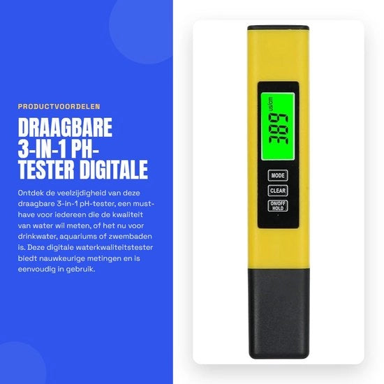Testatore di pH portatile 3 in 1 - Misuratore di qualità dell'acqua digitale - Adatto per acquari - Misuratore EC e temperatura - Per acqua potabile e nuoto