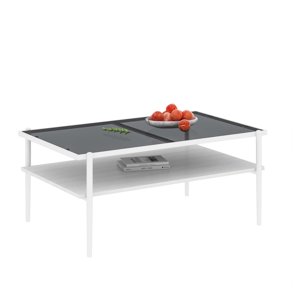 Tavolino da salotto con piano in vetro temperato e vano portaoggetti in MDF grigio e bianco